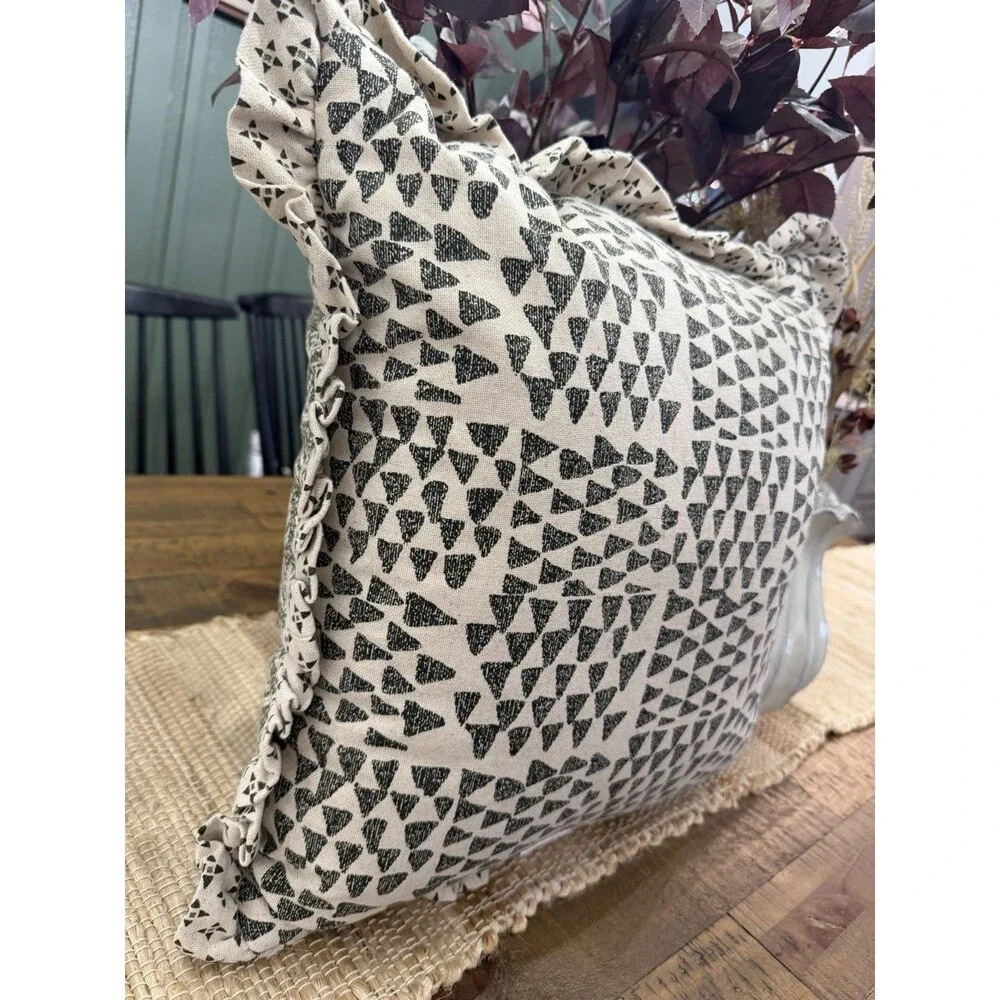 Square Block Print Reversible Pillow with Ruffle Trim Green - Threshold NEW